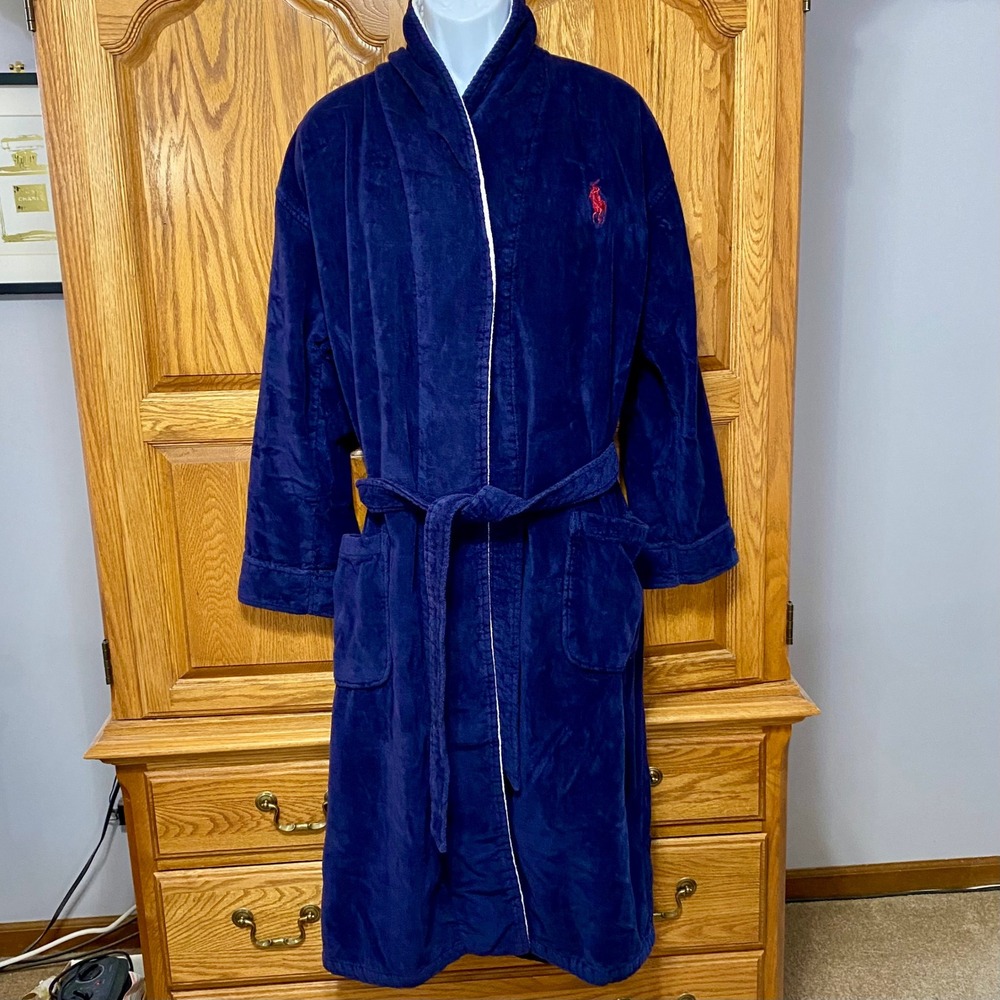 Polo‎ Ralph Lauren VTG Robe Navy Red Fleece Lined Shawl Collar Belted Men OS